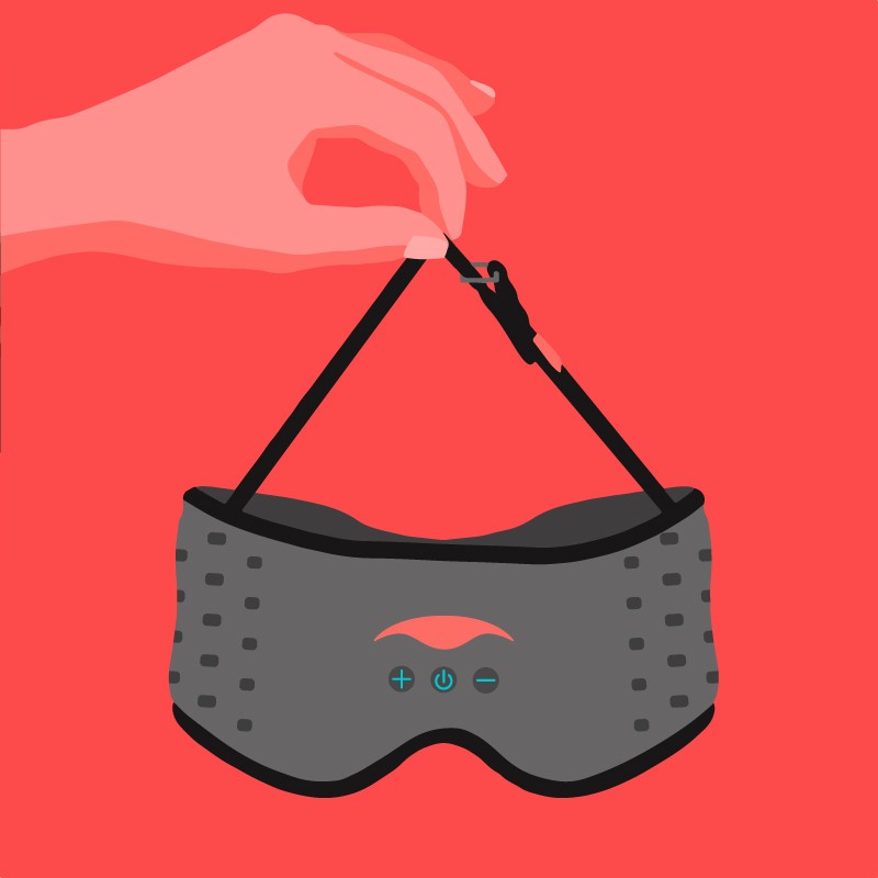 A black elastic over-head strap attached to a sleep mask with C-shaped eye cups.