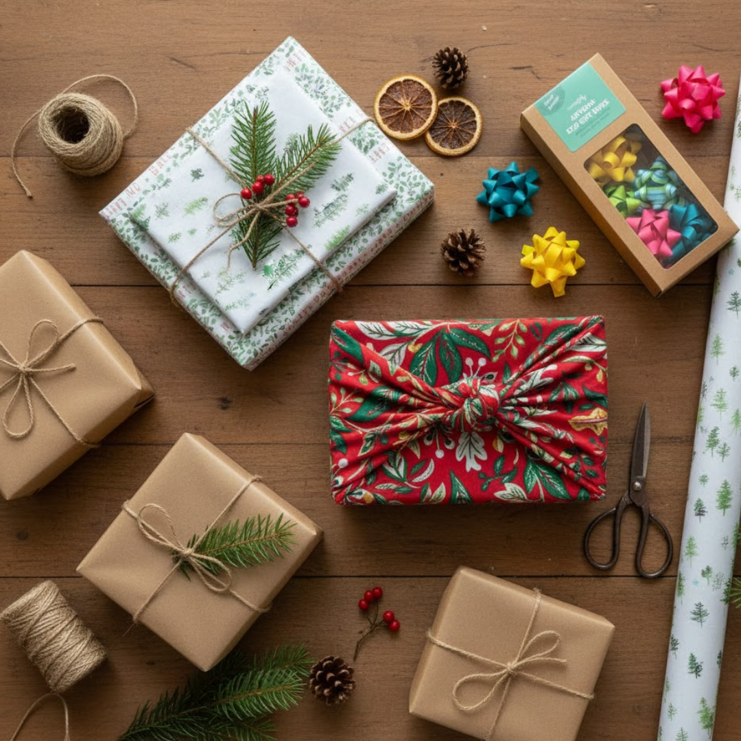 someone holding four wrapped gifts with Wrappily eco friendly wrapping paper