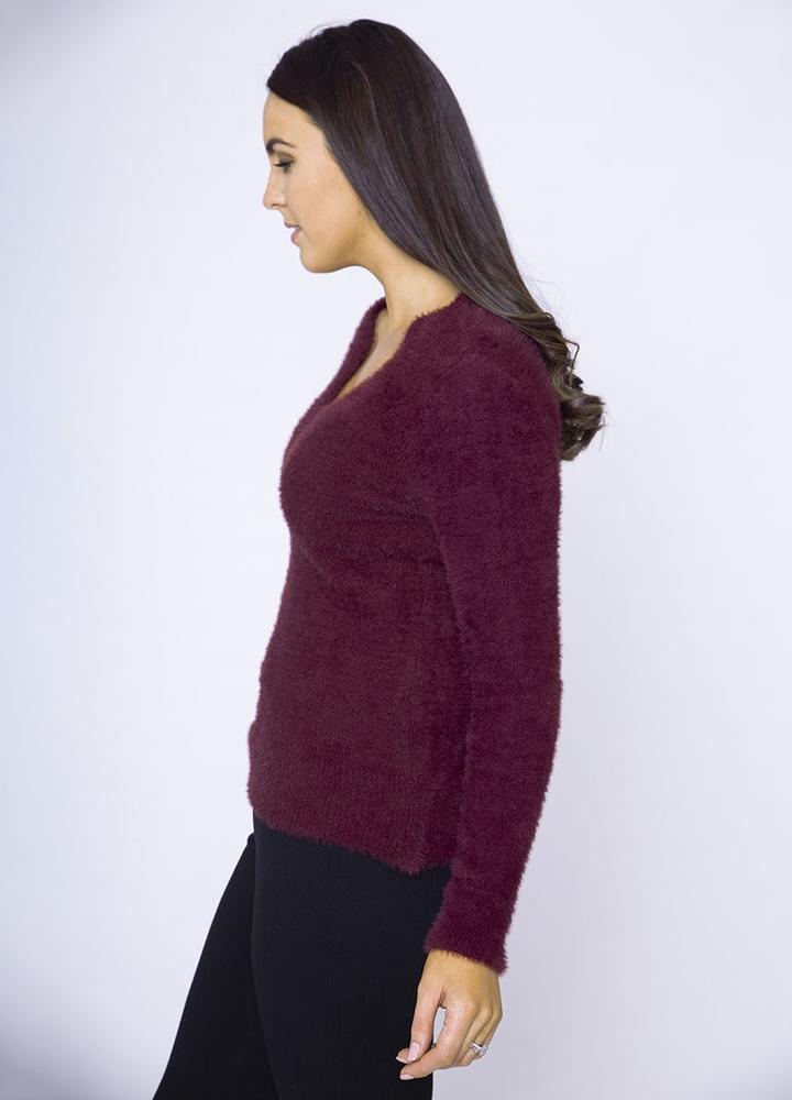 V Neck Fluffy Jumper in Wine