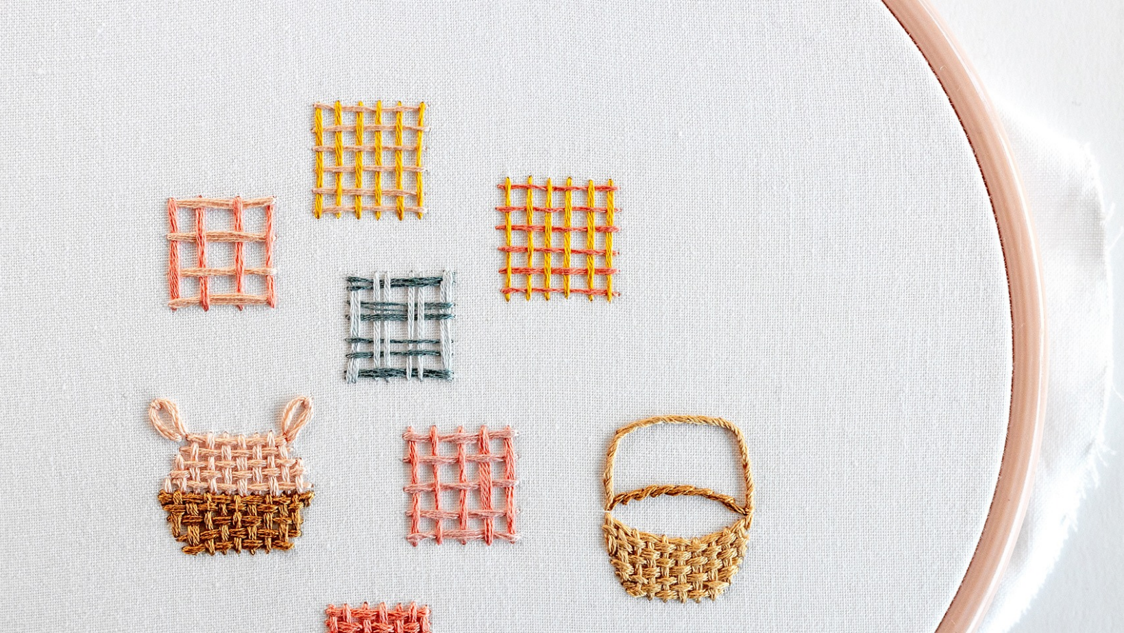 Various shapes filled with weave stitch, showing threads woven over and under in a basket pattern.