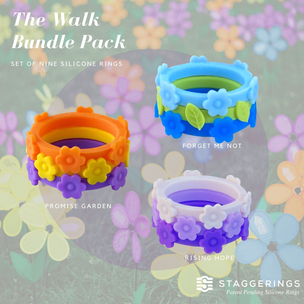 Set of 9 colorful mostly flower Silicone Rings with a silicone leaf ring resembling promise garden theme