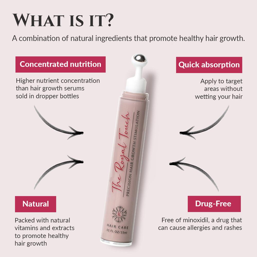 What is it? A combination of natural ingredients that promote healthy hair growth. Concentrated nutrition: higher nutrient concentration than hair growth serums sold in dropper bottles. Quick absorption: apply to target areas without wetting your hair. Natural: packed with natural vitamins and extracts to promote healthy hair growth. Drug-free: Free of minoxidil, a drug that can cause allergies and rashes.