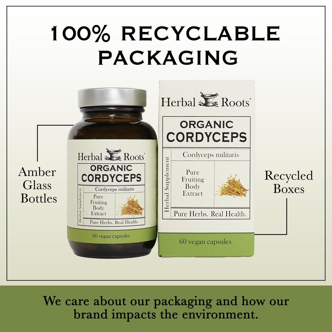 Herbal Roots Organic Cordyceps supplement with recyclable packaging information on a beige background.