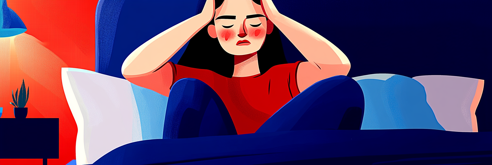 A woman experiencing hot flashes. She has flushed cheeks and is holding her head.