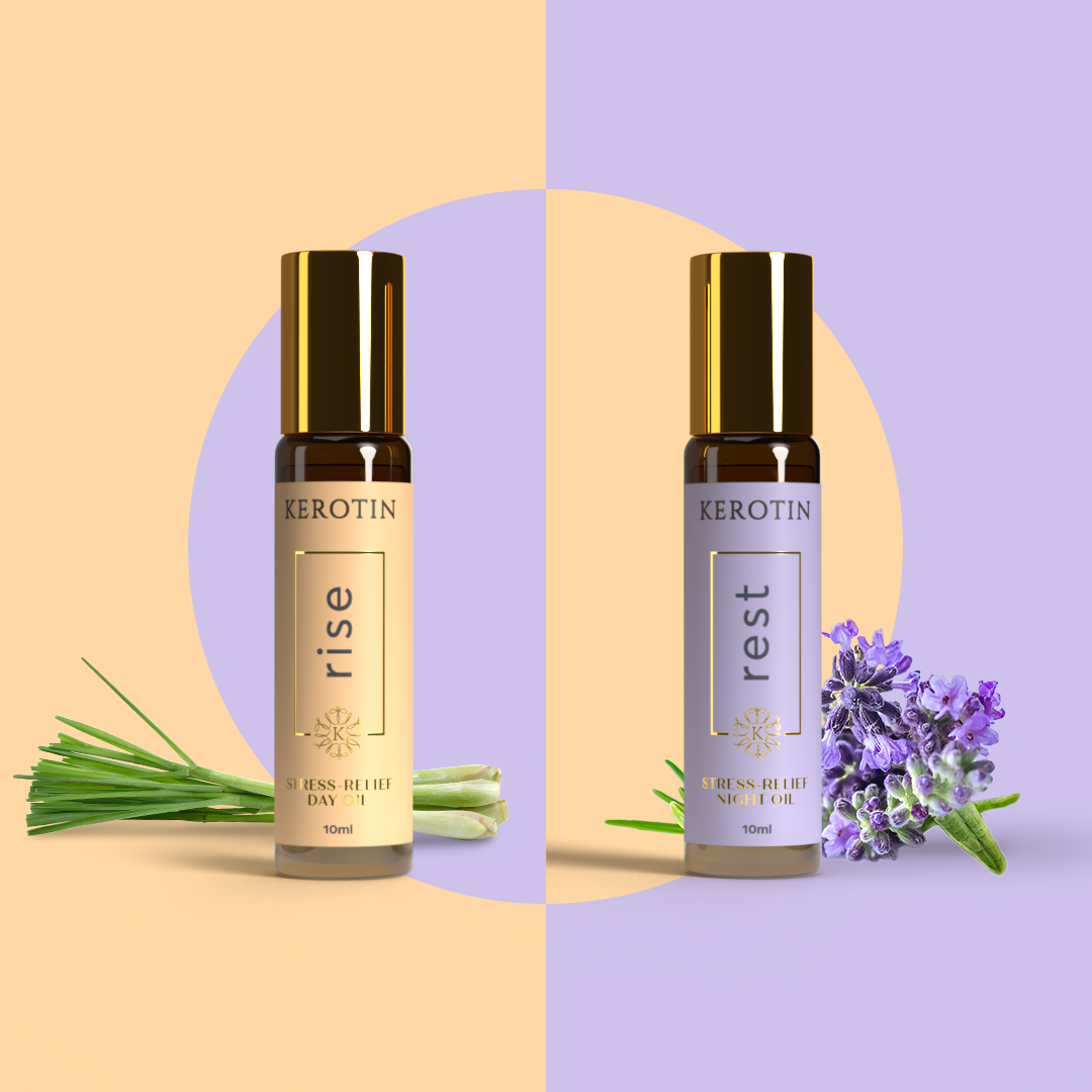 Stress-relief essential roll on oils with gold lids called rise and rest.