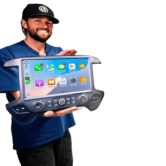Carmaspeed presenter holding the Silverado and Sierra Apple CarPlay radio