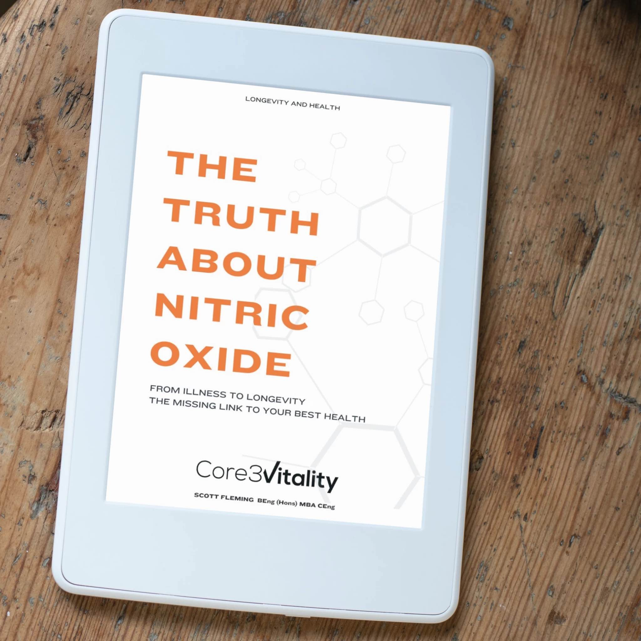 e reader on table with The Truth About Nitric Oxide 400 showing on cover
