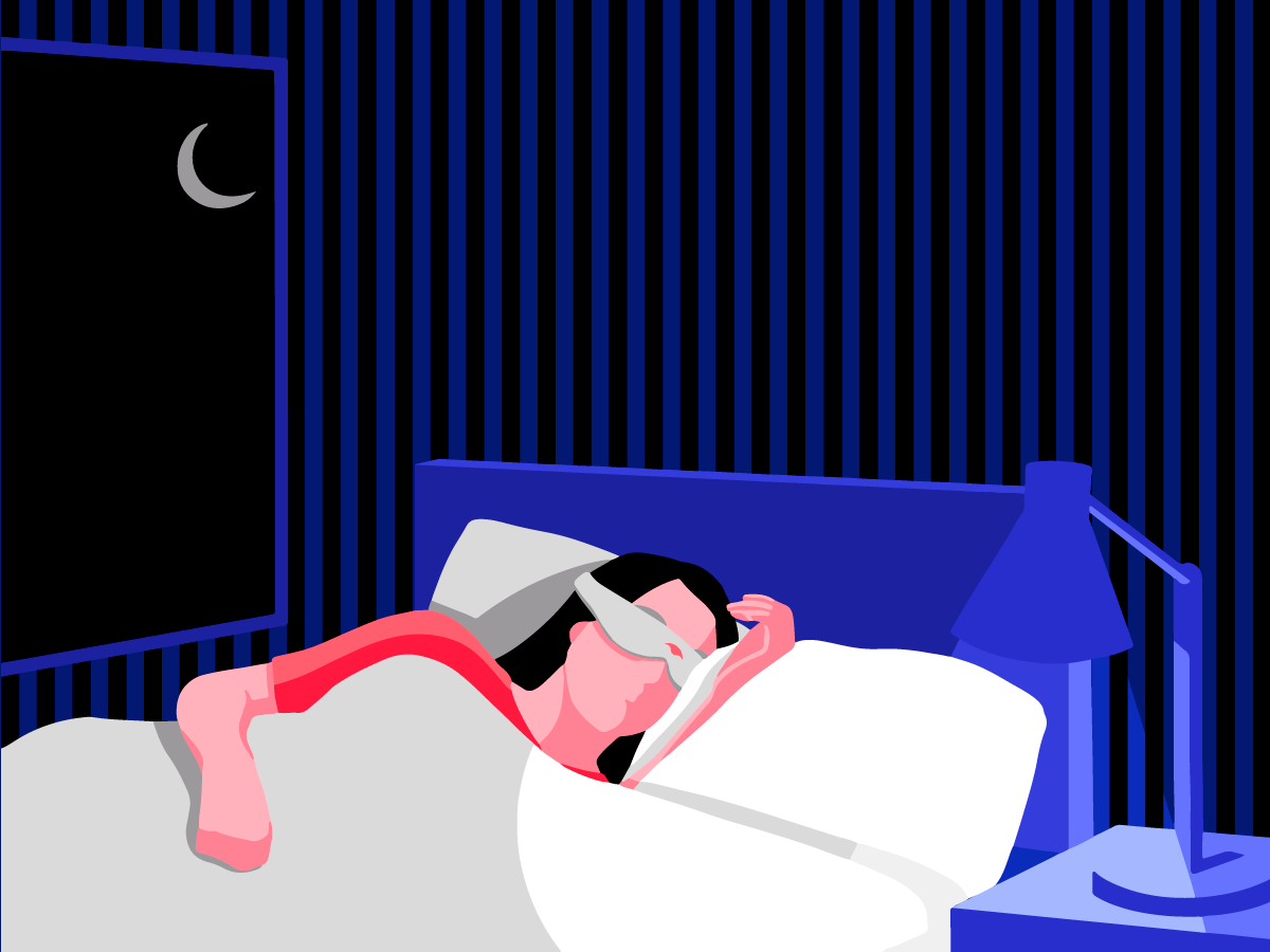 An illustration of a girl sleeping using the best blackout eye mask to block out light from outside and her bedside lamp.