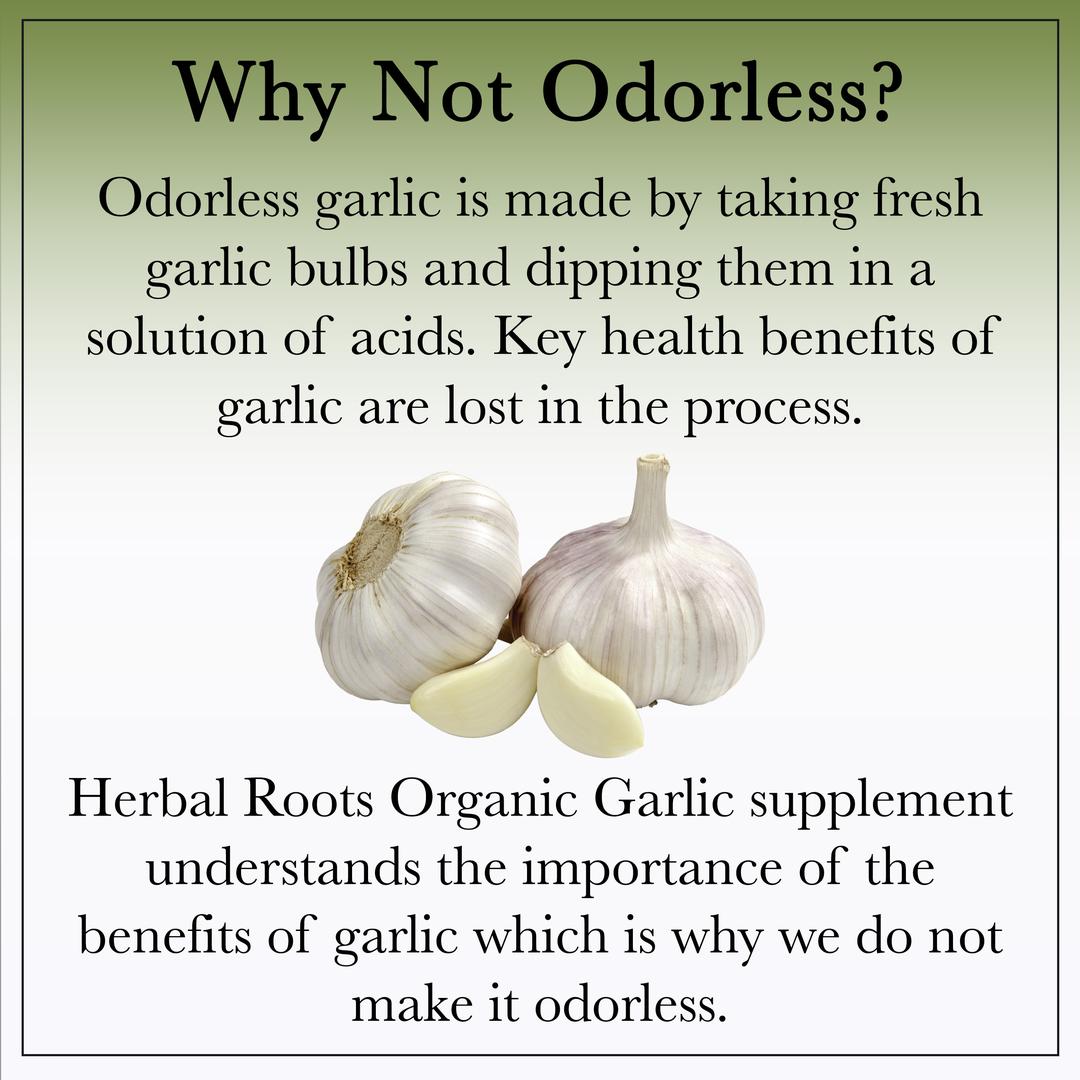 Heading "Why Not Odorless?" Description underneath says, "Odorless garlic is made by taking fresh garlic bulbs and dipping them in a solution of acids. Key health benefits of garlic are lost in the process. Herbal Roots Organic Garlic supplement understands the importance of the benefits of garlic which is why we do not make it odorless." Picture of 2 garlic bulbs.