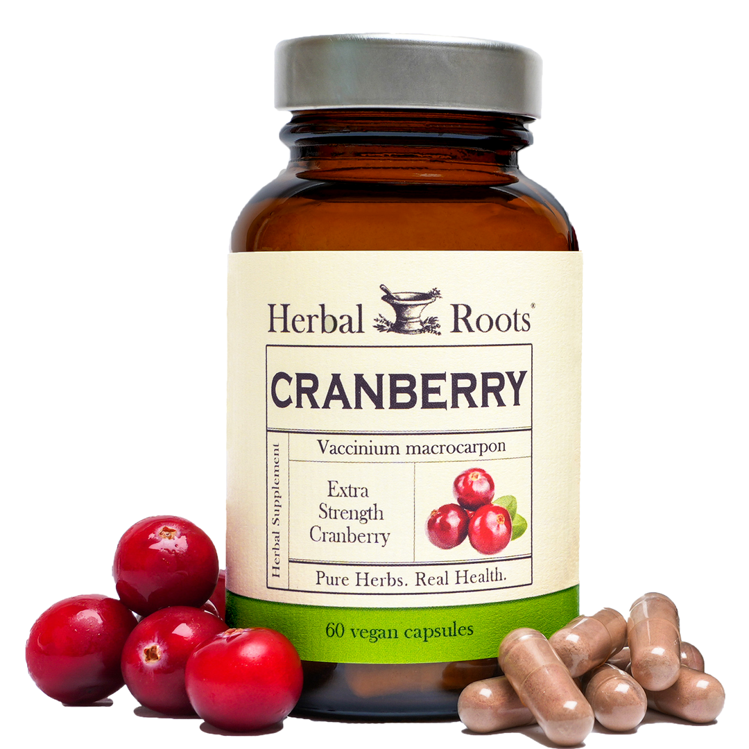 Bottle of Herbal Roots Cranberry supplement