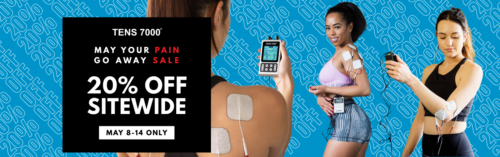 Three women using TENS units. Text, "May Your Pain Go Away Sale - 20% Off Sitewide - May 8-14 Only"