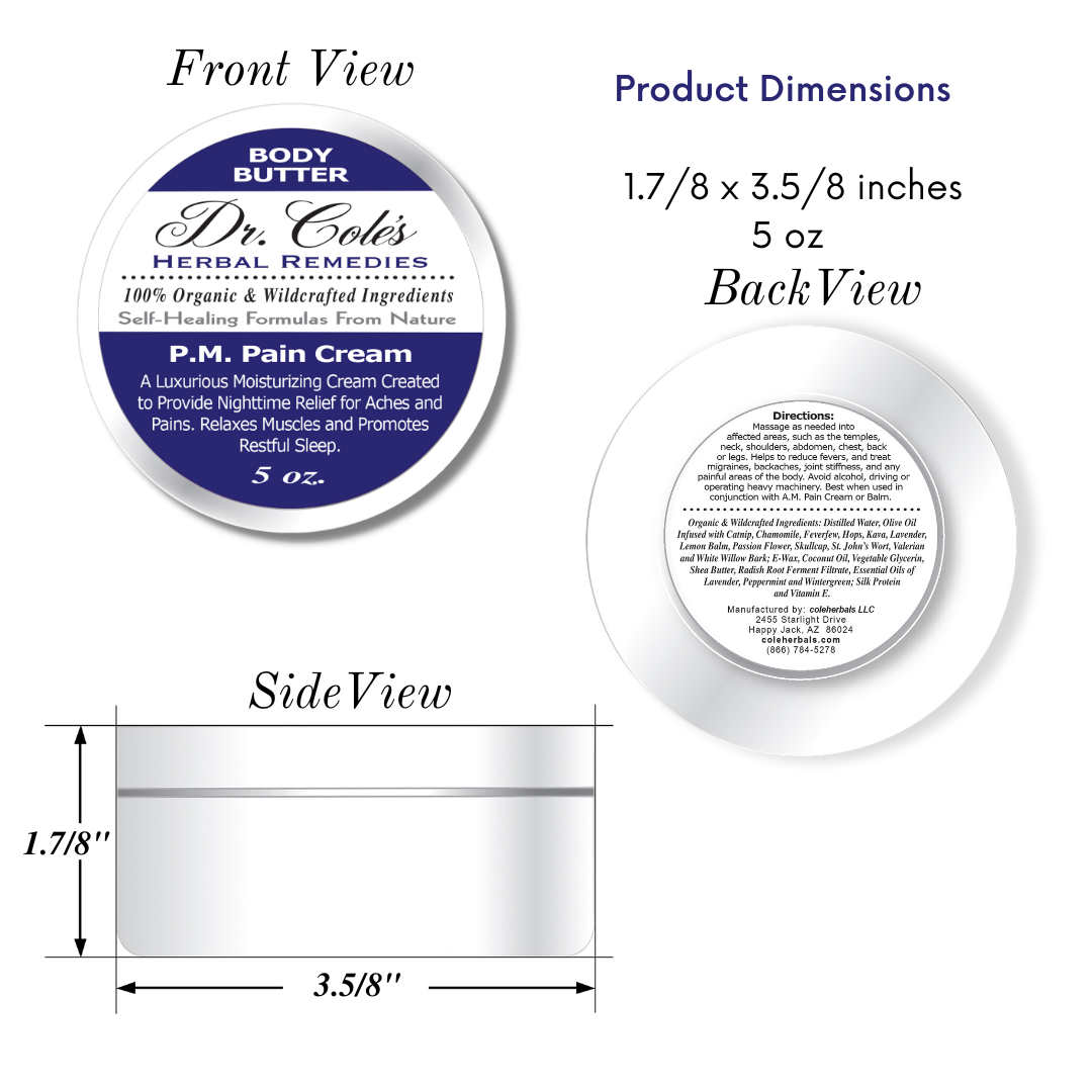 Dr. Coles P.M. Pain Cream front, back and side view