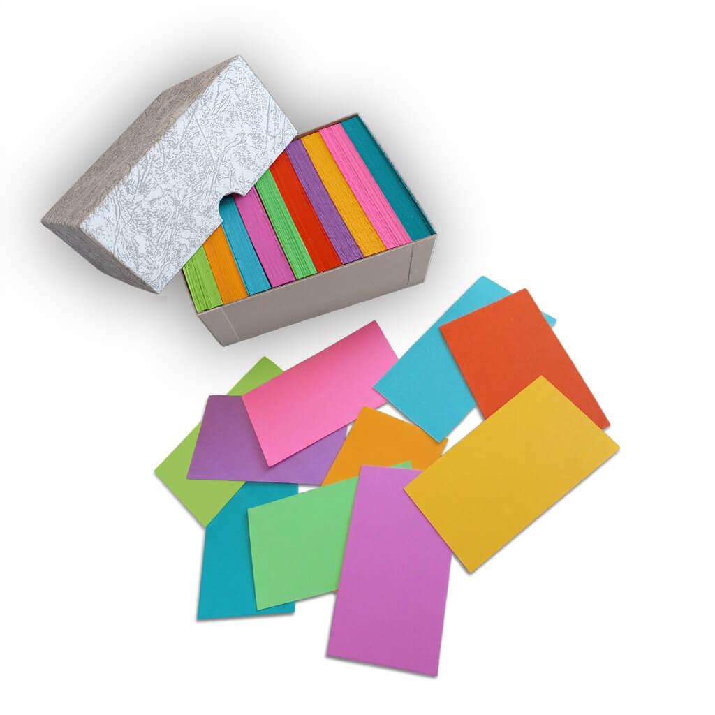 Stack of 450 bright mini index cards by Debra Dale Designs, sized 2 x 3.5 inches on 65# cardstock.