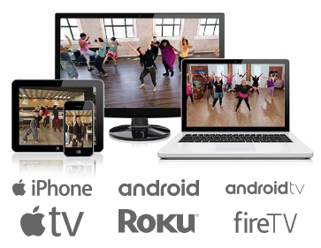 People dancing on various screens (TV, laptop, tablet), with streaming service logos below.