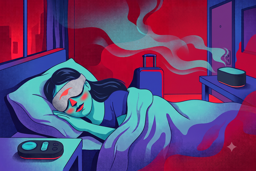 Woman asleep in a Manta sleep mask with a white noise machine nearby — editorial illustration on how to sleep in a hotel.