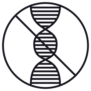 DNA strand icon crossed out inside a circle, symbolizing genetically unmodified ingredients.