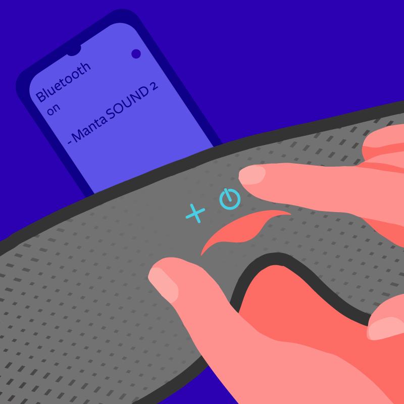 The index finger of a hand near the power button at the front of a sleep mask, combined with a phone showcasing a Bluetooth® display.