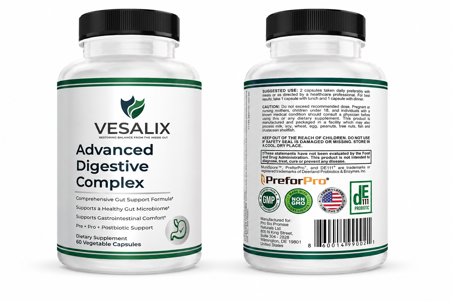 Vesalix Advanced Digestive Complex | Pre & Postbiotic + 18 Enzymes + 3 Billion CFU | PreforPro® & DE111® | Adults 40+ | 60 Capsules