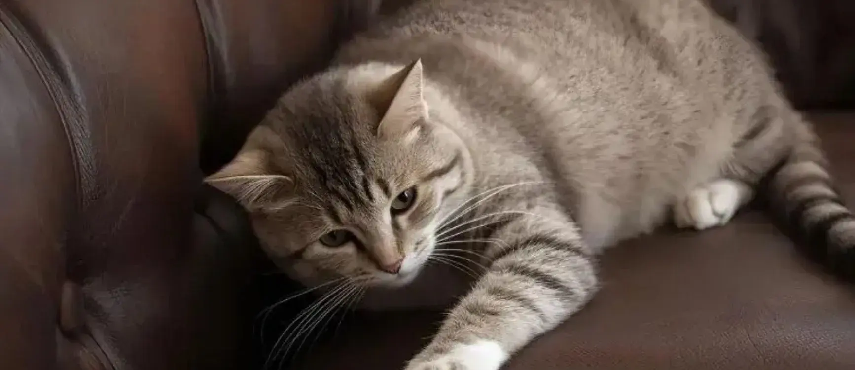 A cat reaching up to scratch a couch, its paws extended towards the leather