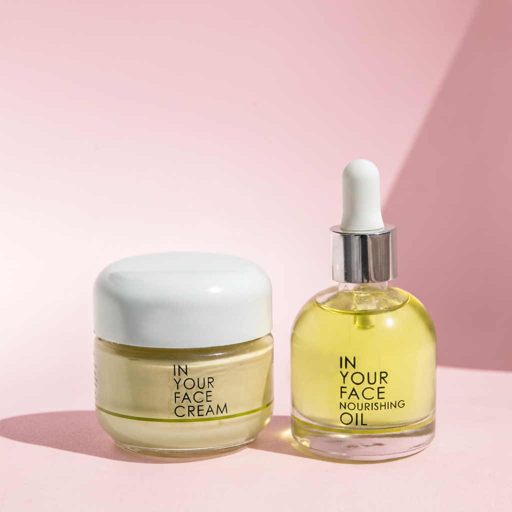 CREAM and NOURISHING OIL on a white background.