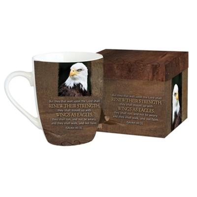 Ceramic gift mug is trimmed with eagle design and Scripture verse from Isaiah 40:31, But they that wait upon the Lord shall renew their strength; they shall mount up with wings as eagles; they shall run, and not be weary; and they shall walk, and not faint.