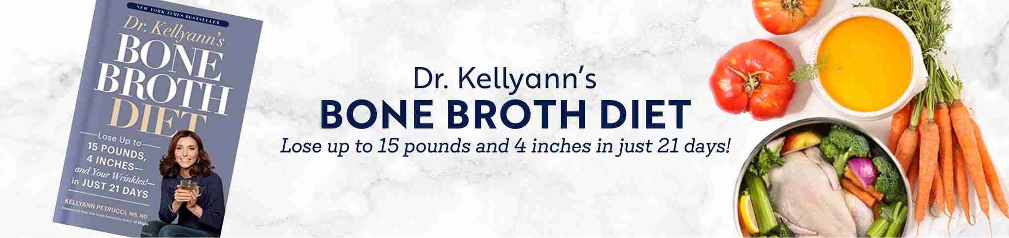 Livre de régime de bouillon d'os de Dr. Kellyann avec un pot de bouillon d'os et de légumes