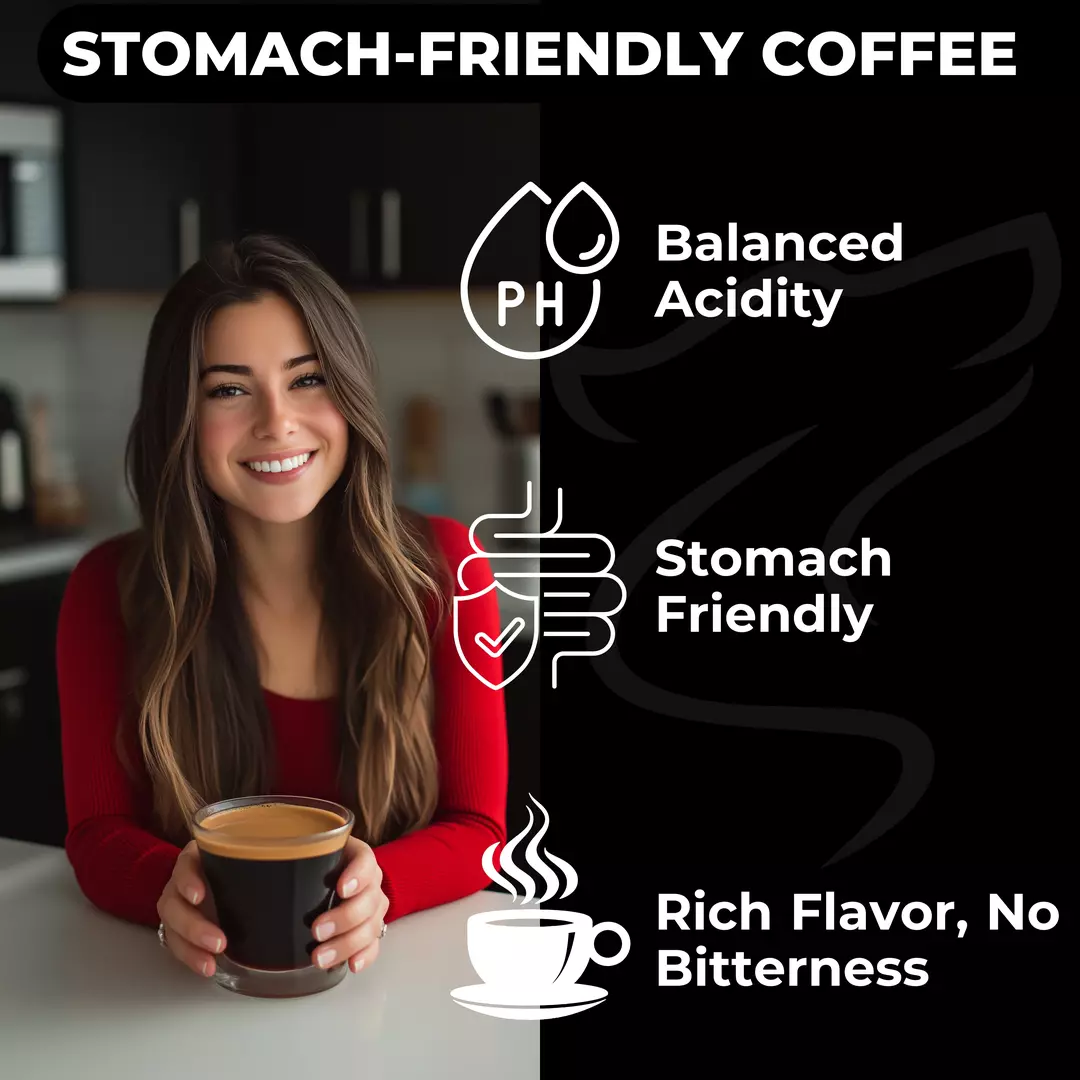 Woman holding a cup of coffee with icons highlighting balanced acidity, stomach-friendly qualities, and smooth taste — Lone Wolf Coffee