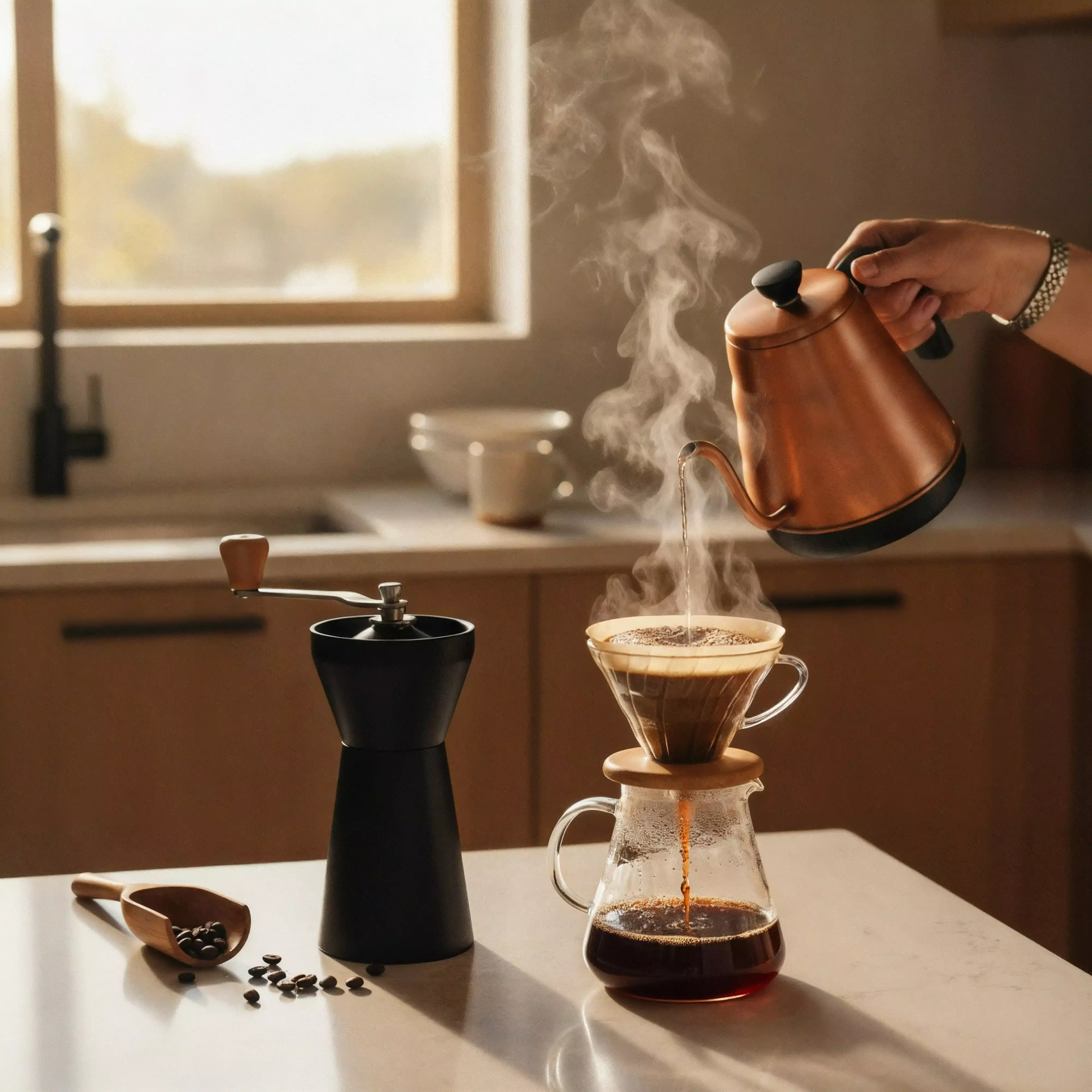 Whole bean coffee scene with a moka pot, manual grinder, burlap coffee beans, and scoops on a wooden table, highlighting fresh grinding.