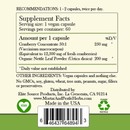 photo of the back of the label for herbal roots cranberry with nettle showing the nutritional facts. Directions, take 1-2 capsules, twice per day. Supplement facts: serving size is 1 vegan capsule, 60 servings per container. Amount per 1 vegan capsules, 250 mg cranberry concentrate 50:1 (equivalent to 12,500 mg of fresh cranberries, 200 mg organic nettle leaf powder. Other ingredients: Vegan capsules and nothing else. No GMOs, soy, gluten, wheat, treenuts, peanuts, sugar, filler or preservatives. Distributed by Elite Source Products, Inc. La Crescenta CA 91214. www.herbalrootssupplements.com Made in the USA