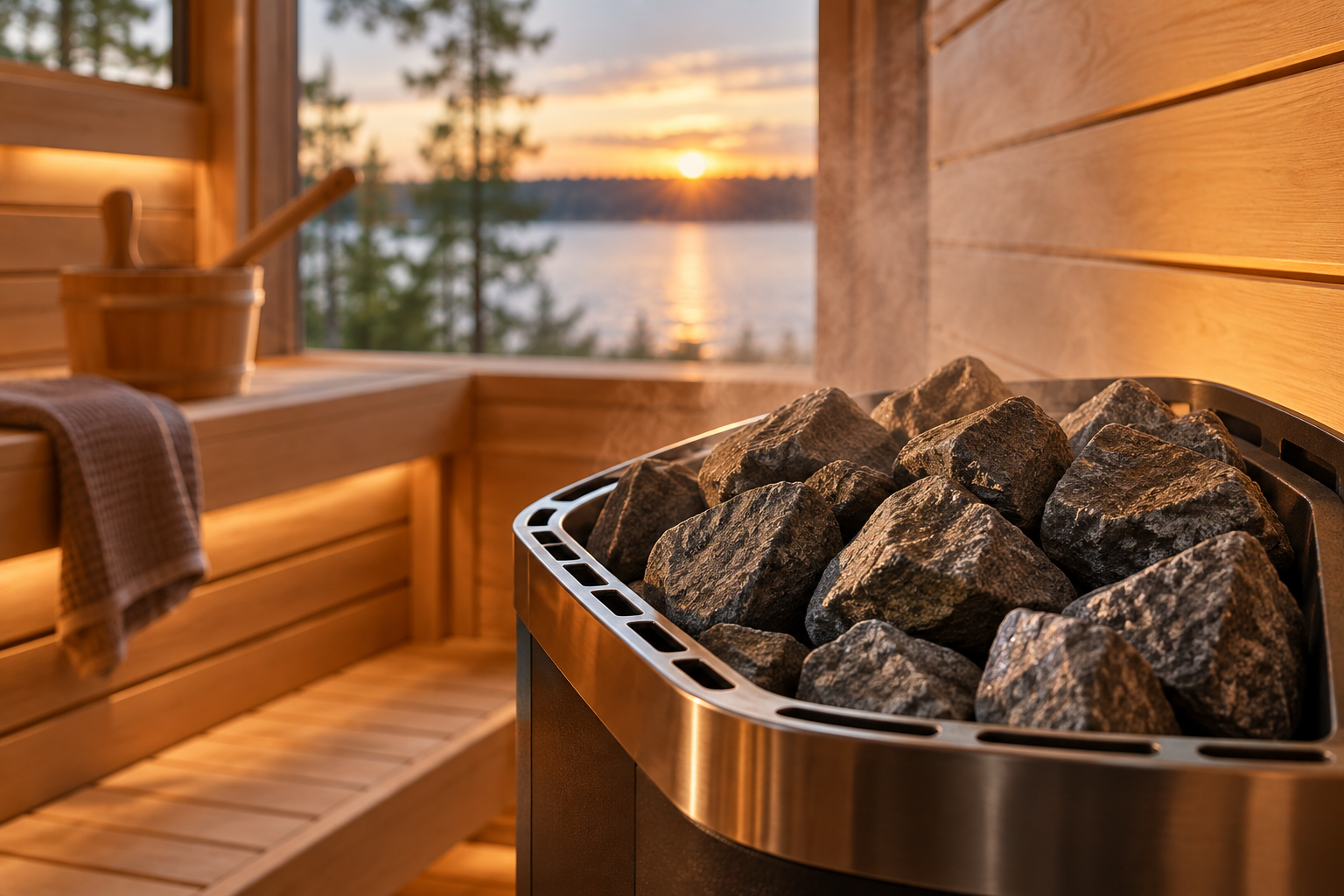 Sauna interior with sauna stones in an electric heater and warm wood benches