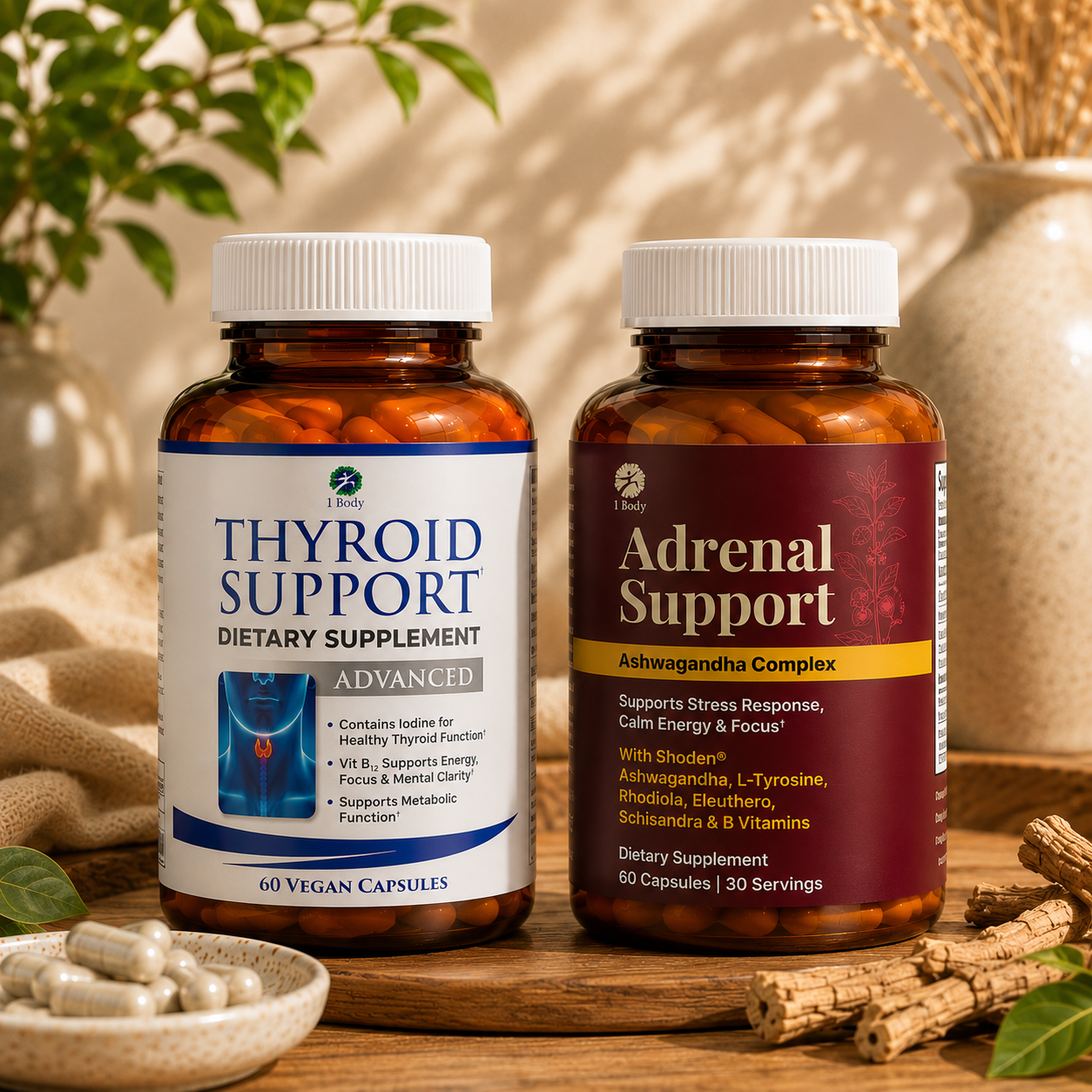 Two amber glass bottles with white caps, one labeled ’thyroid support’ and the other ’adrenal support,’ both containing vegan capsules.