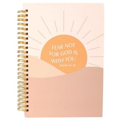 minmalist style sunrise yellow and pale pinks, text on the sun says "Fear No For God Is With You"