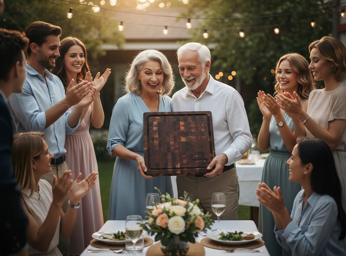 Friends enjoying food served on a live edge walnut charcuterie board as a hostess gift