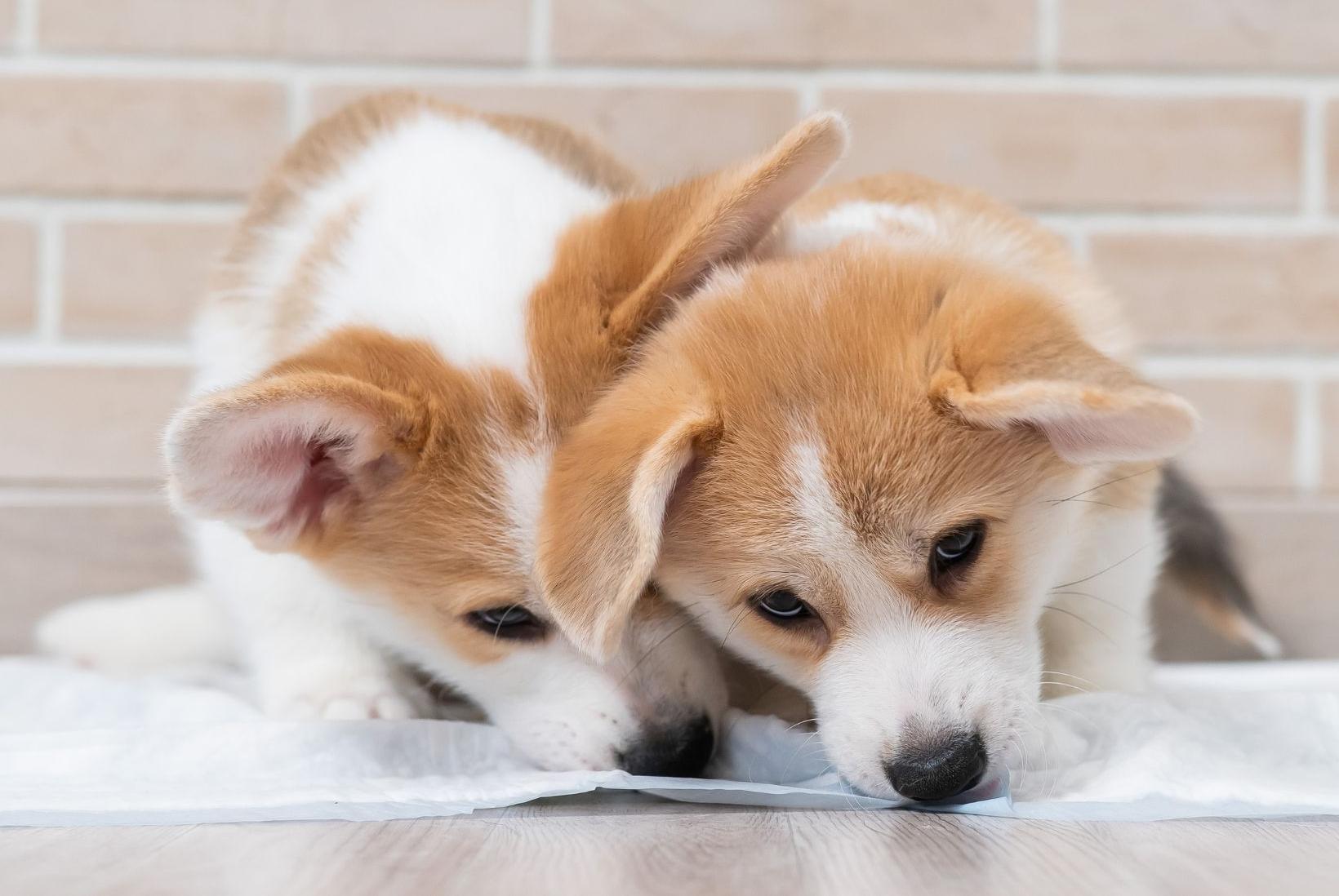 Two corgi puppies chewing disposable pee pad