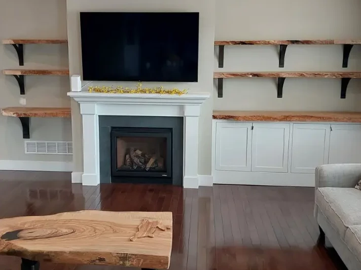 live edge ash shelves for living room