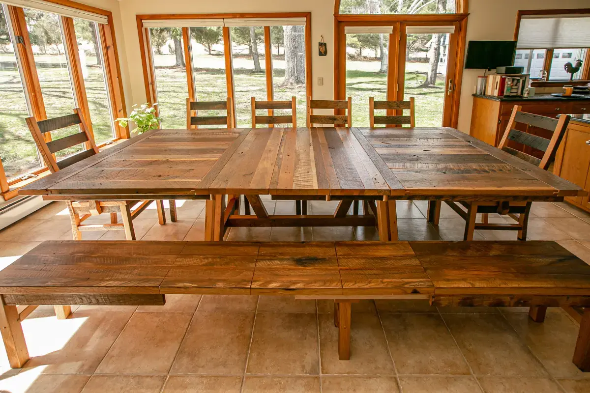 Custom Reclaimed Wood Table, Chairs, and Bench