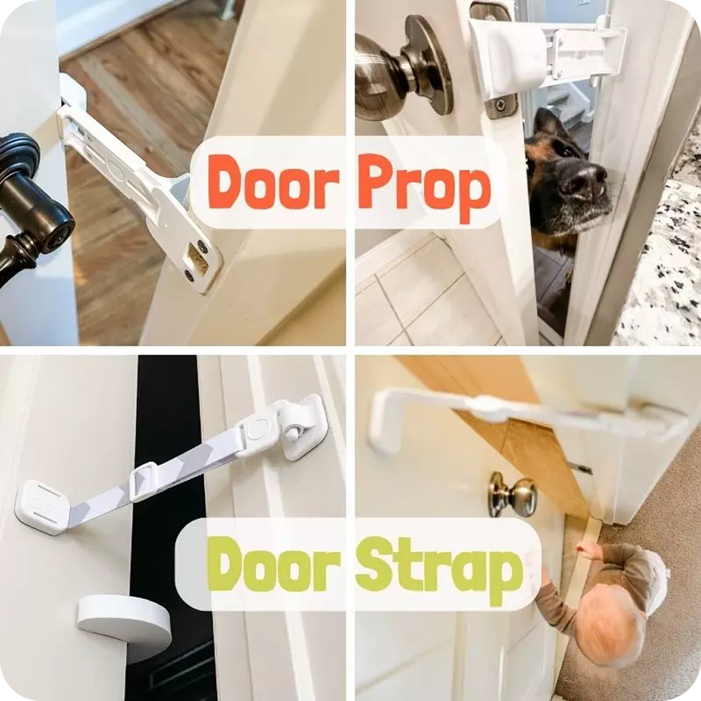 Door Buddy cat door latch solutions including door prop and adjustable door strap that keep dogs and toddlers out while allowing cats safe access through interior doors.