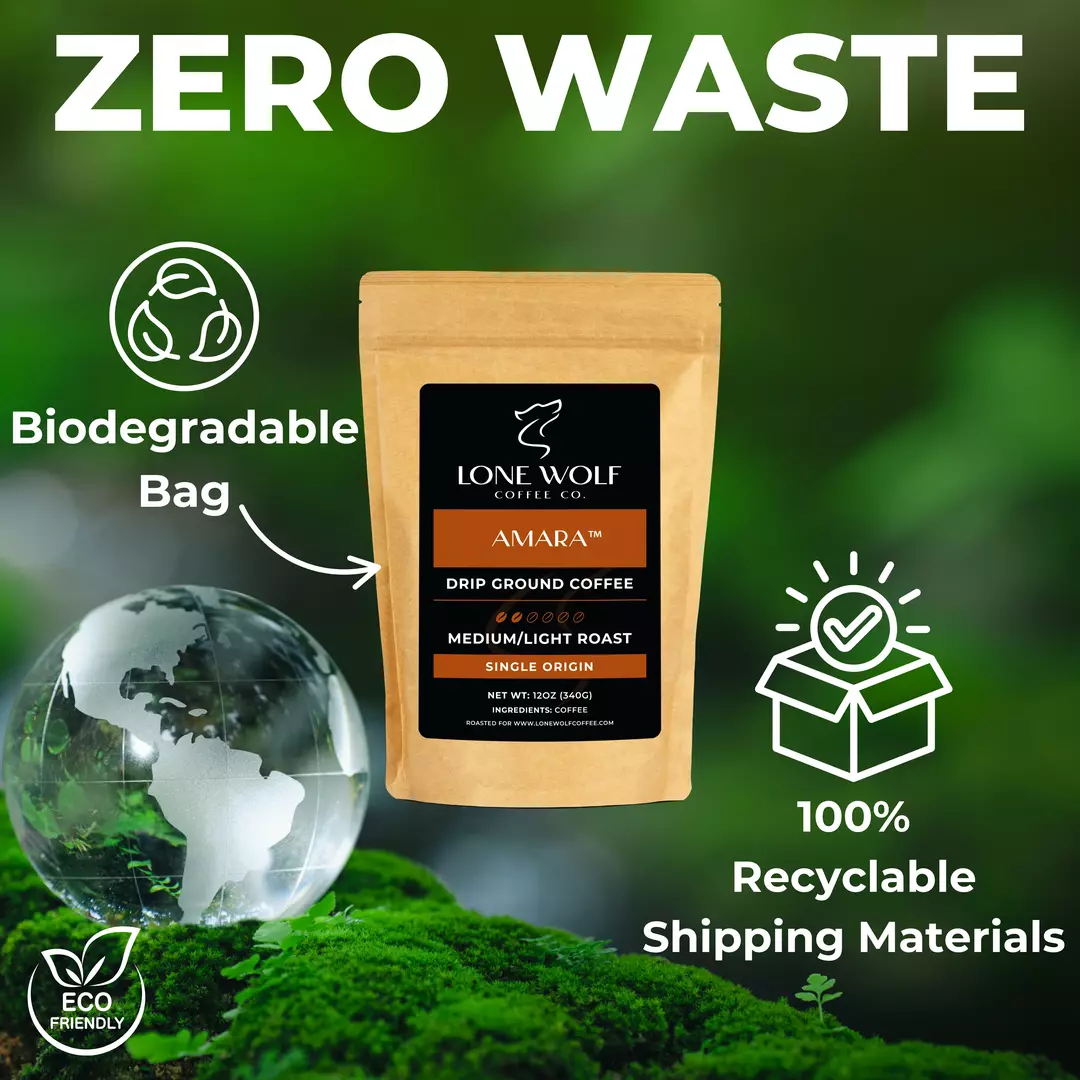 Lone Wolf Coffee Amara Drip Ground bag shown with biodegradable packaging and 100% recyclable shipping materials in an eco-friendly setting.