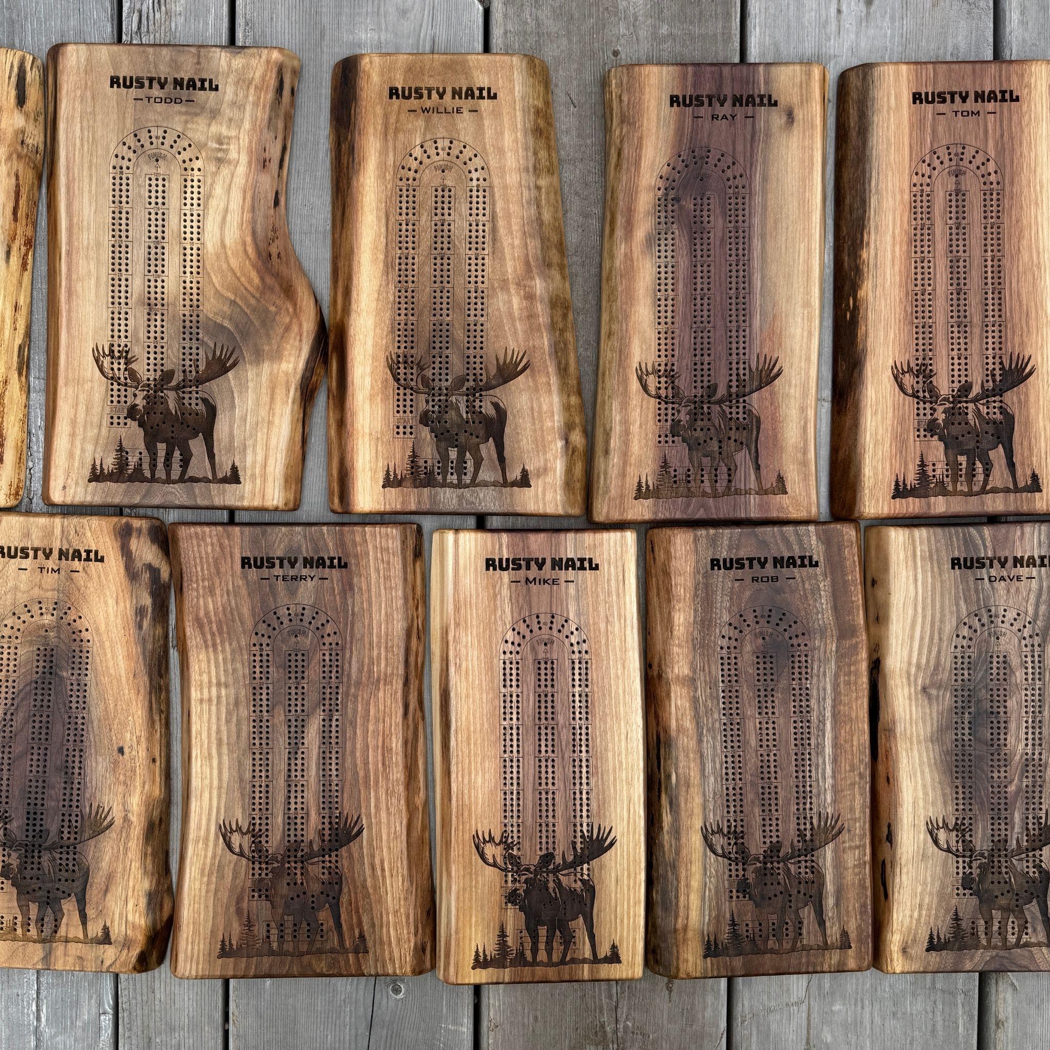 Custom engraved hunting themed wooden serving boards with deer artwork and personalized names