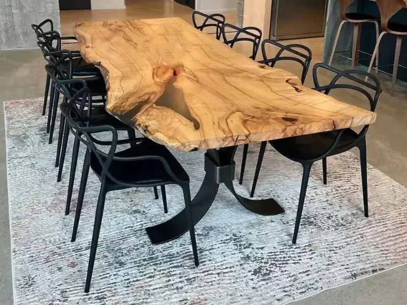 live edge river dining table, maple wood, with walnut bench, copper epoxy