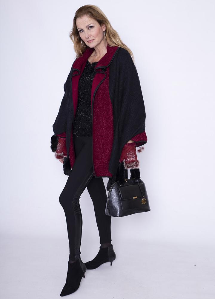 Black Trim Poodle Cardi in Wine
