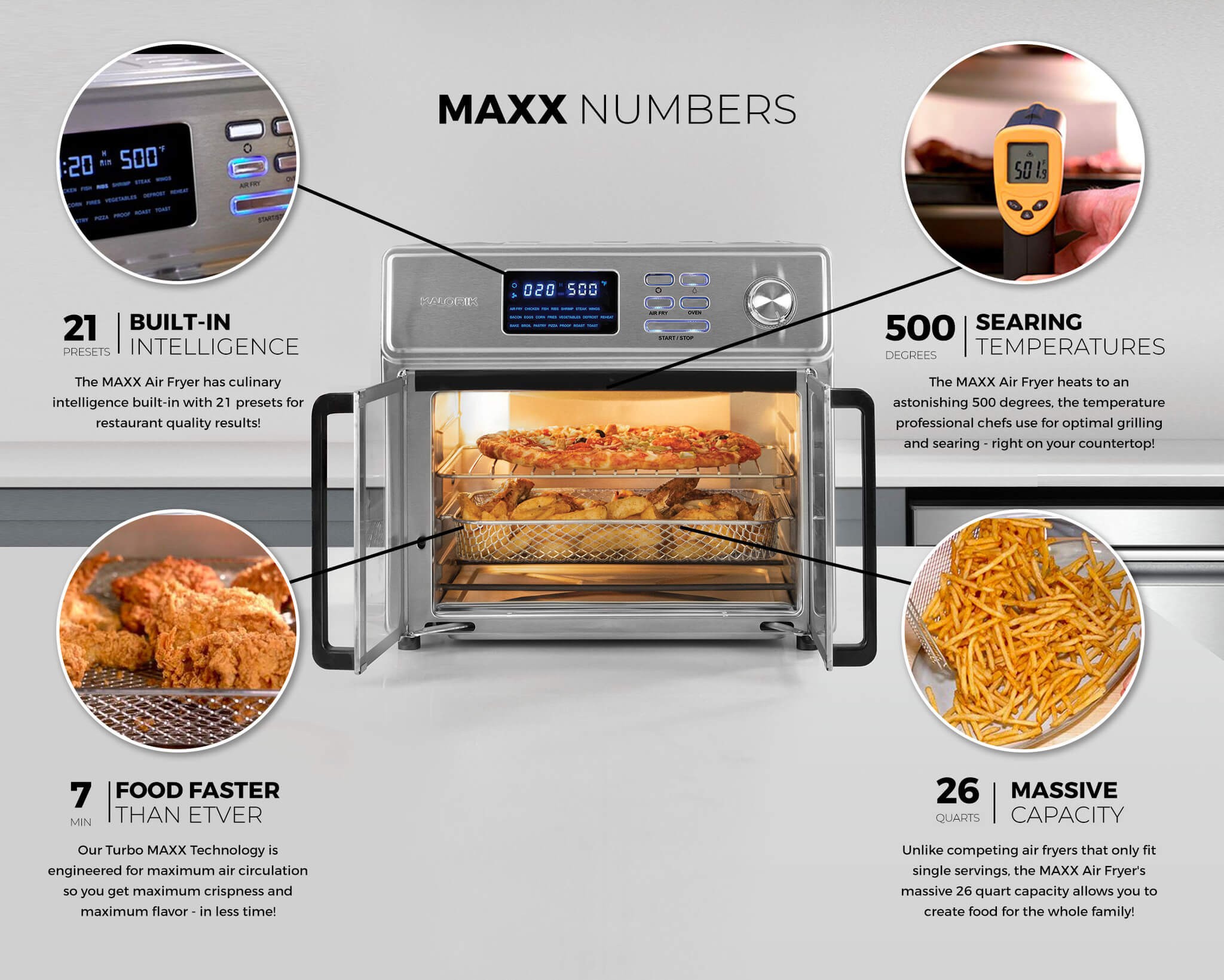BUILT-IN INTELLIGENCE The MAXX, Air Fryer has culinary intelligence built-in with 21 presets for restaurant quality results, SEARING TEMPERATURES, The MAXX Air Fryer heats to an astonishing 500 degrees, the temperature professional chefs use for optimal grilling and searing - right on your countertop, FOOD FASTER THAN EVER, Our Turbo MAXX Technology is engineered for maximum air circulation so you get maximum crispness and maximum flavor - in less time, MASSIVE CAPACITY, Unlike competing air fryers that only fit single servings, the MAXX Air Fryer's massive 26 quart capacity allows you to create food for the whole family!