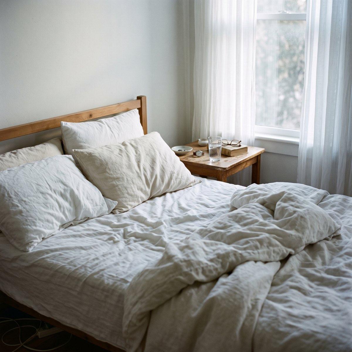 Calm bedroom just after dawn with rumpled white linen bedding
