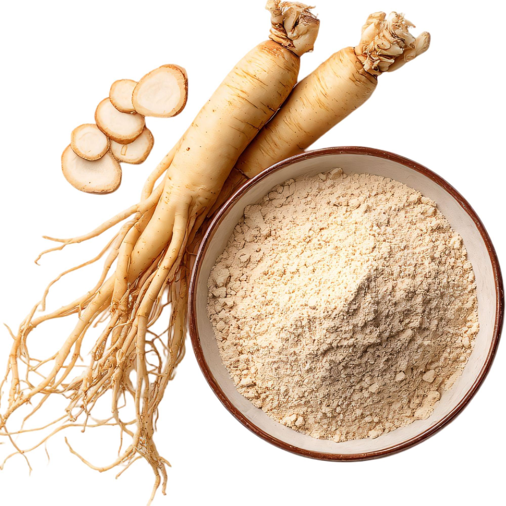 Aerial view of Herbal Roots Korean Ginseng product on a bamboo plate with a pile of raw ginseng root next to it and a wooden spoon above the bottle with capsules in it. There is a cast iron tea pot and a ceramic cup with tea in it.