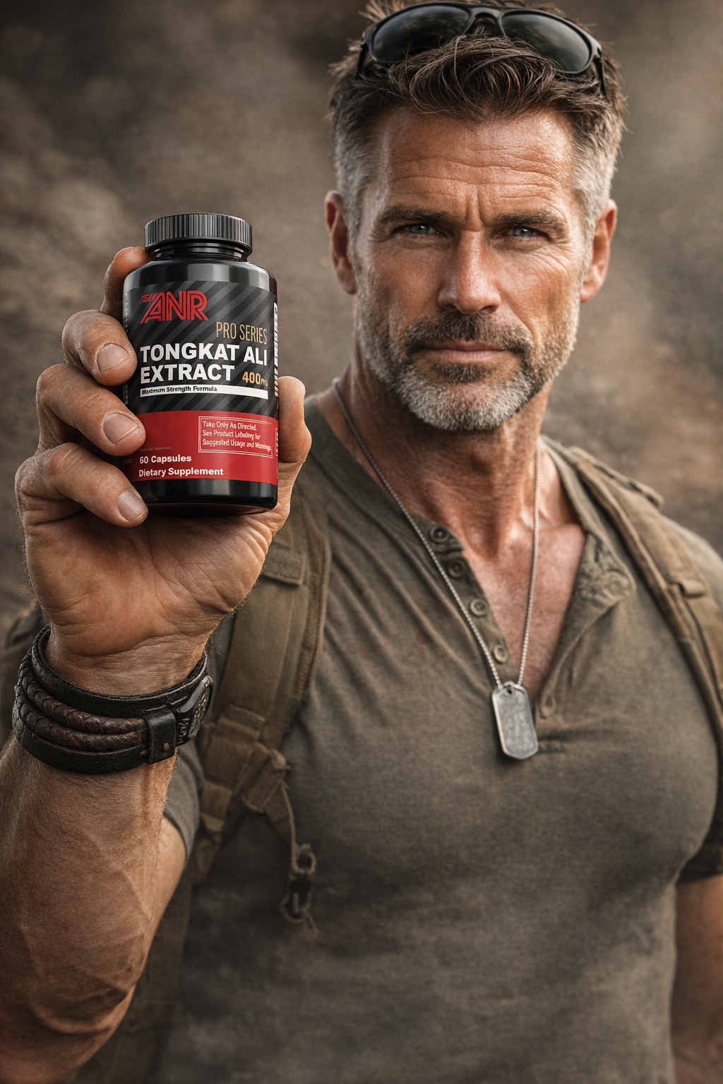 A muscular middle-aged man who uses Adaptophen to boost free testosterone levels