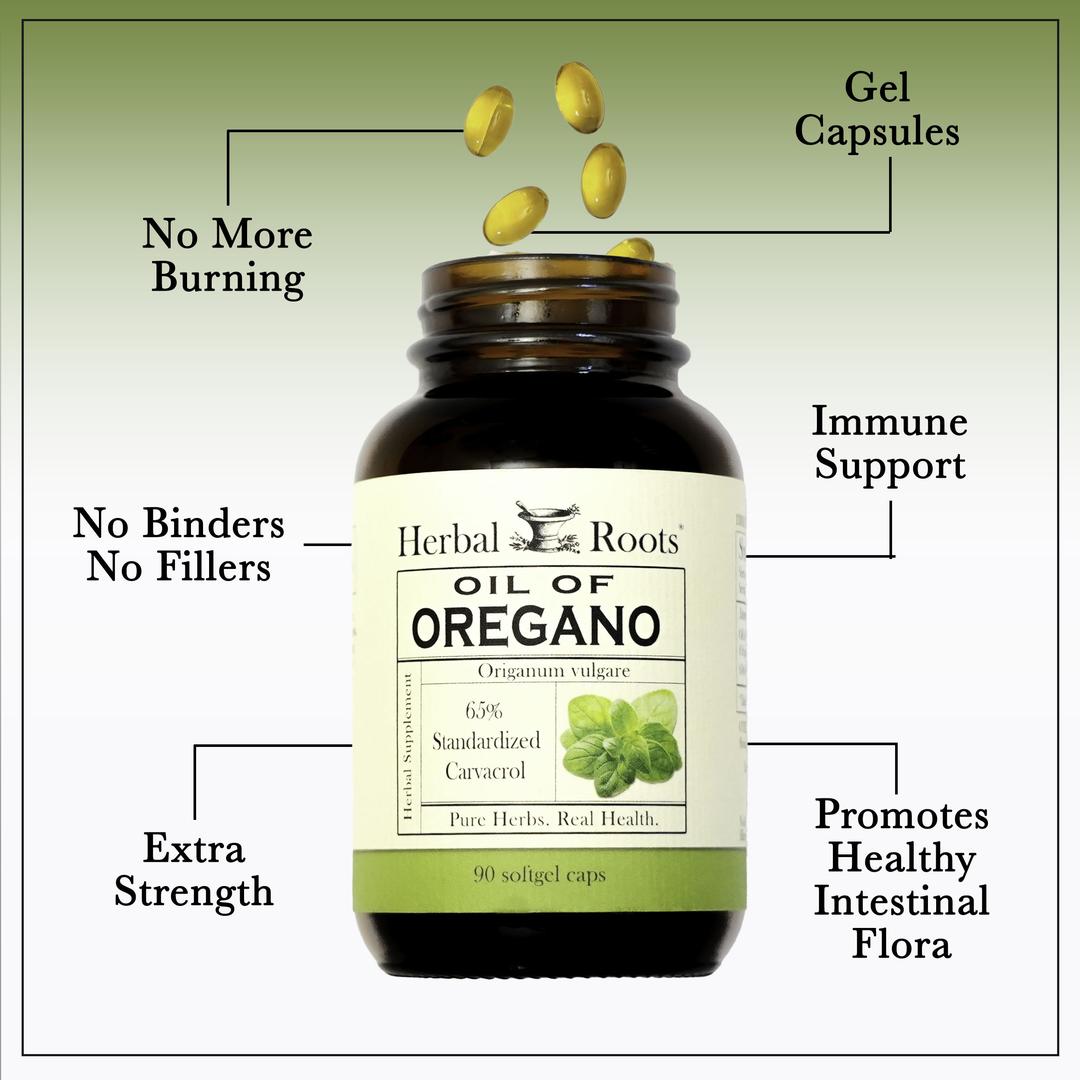 A bottle of Herbal Roots Oil of Oregano with 4 gel caps coming out of the top of the bottle. There are lines going from text to the bottle or capsules. The texts say No more burning, gel capsules, no binders no fillers, extra strength, Immune support and Promotes Healthy Intestinal Flora