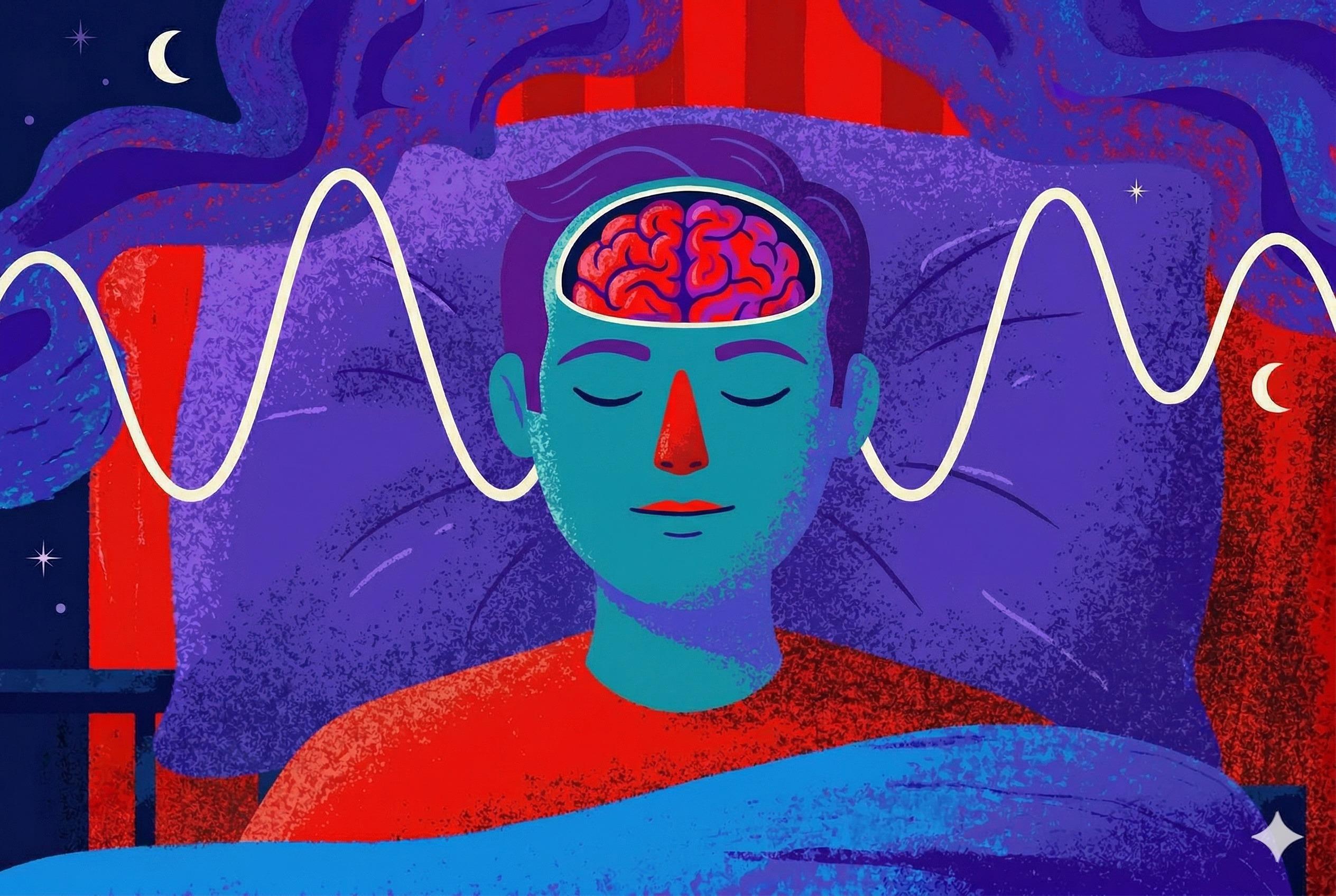 A sleeping man with his brain visible in NREM sleep, with delta waves in the background.