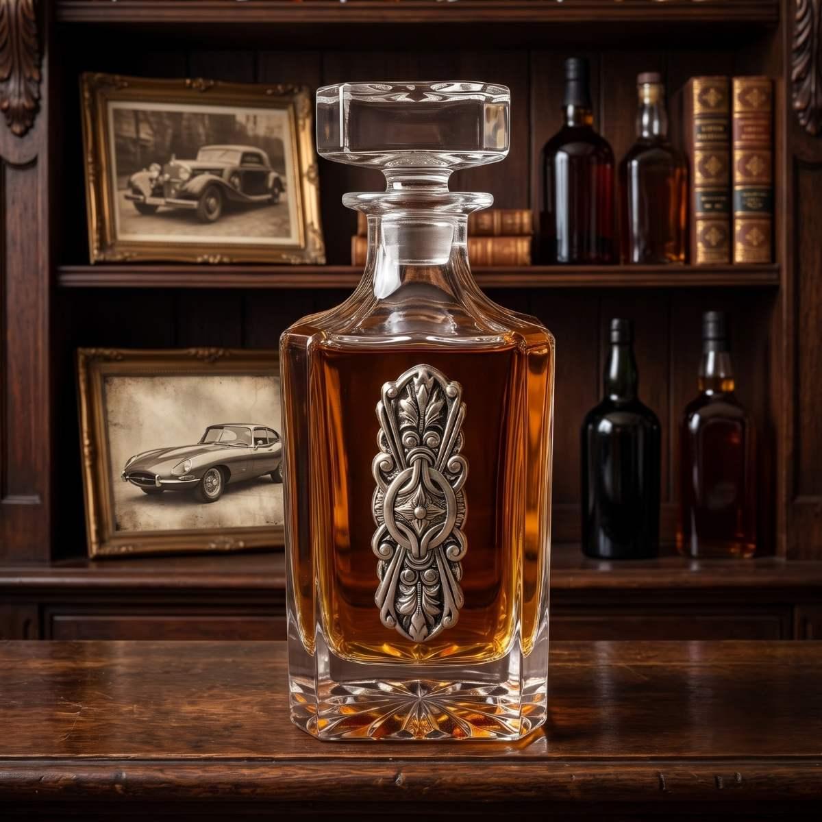 Decanter with large silver vintage inspired medallion