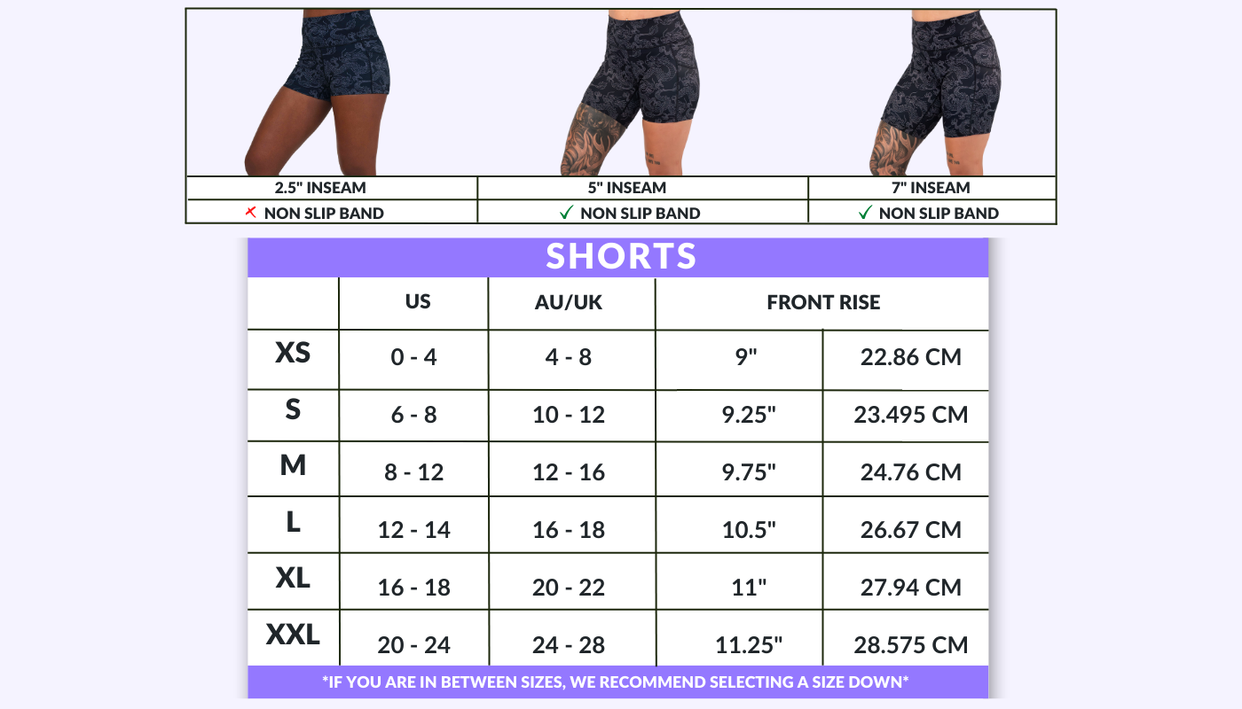 Shorts sizing chart