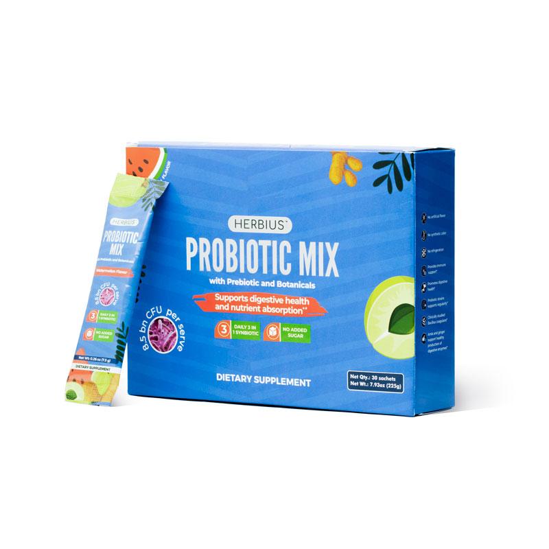 One box of Herbius Probiotic Mix dietary supplement with one sachet leaning against it.